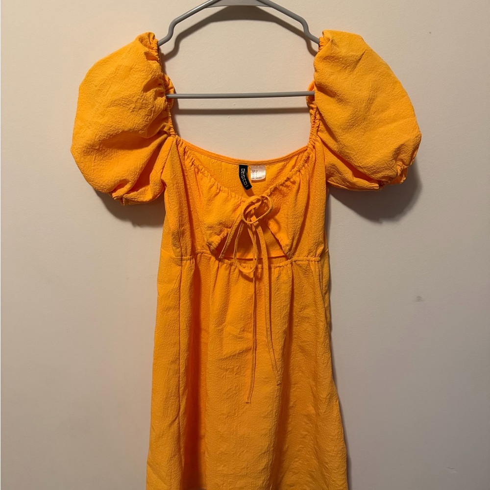H&M Yellow Puff-Sleeve Mini Dress with Front Tie